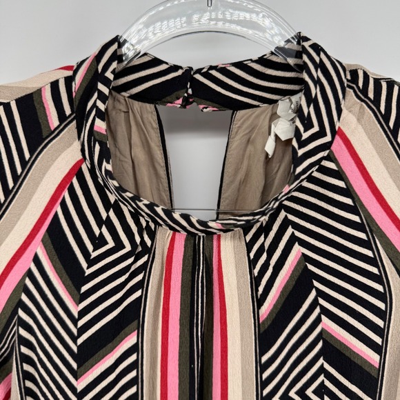 Anthropologie Geometric Stripe Mock Neck Midi Dress Black Pink Tan Short Sleeve - Picture 4 of 7
